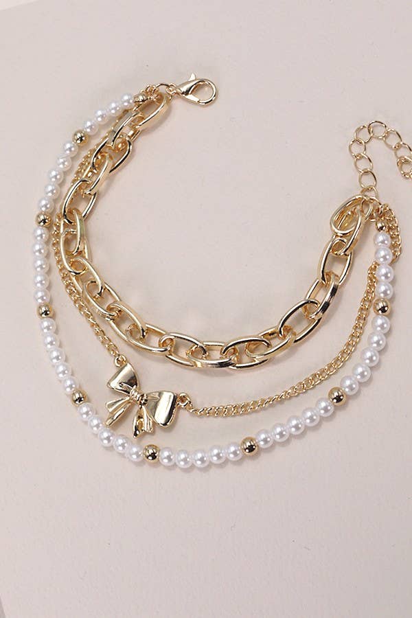 Bow Pearl Link Trio Bracelet Set