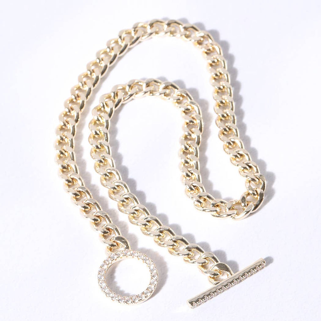 Gold Plated CZ Pave Toggle Clasp Chain Necklace