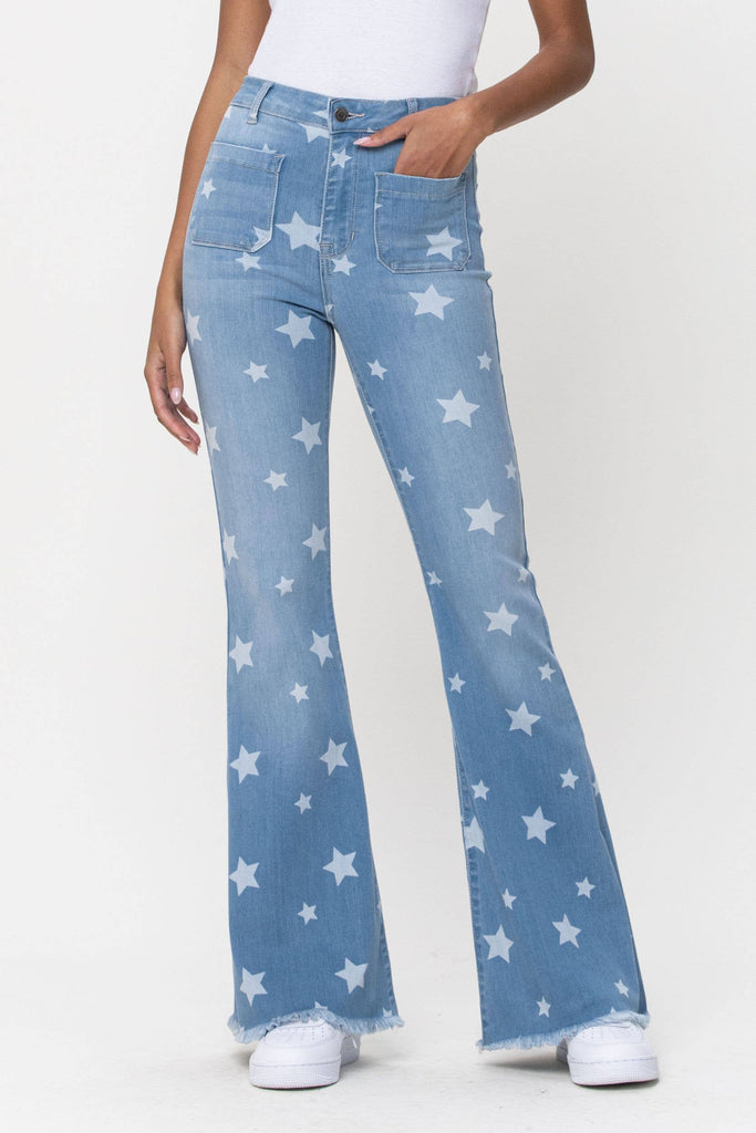 High Rise Star Print Flare Jean with Front Pocket