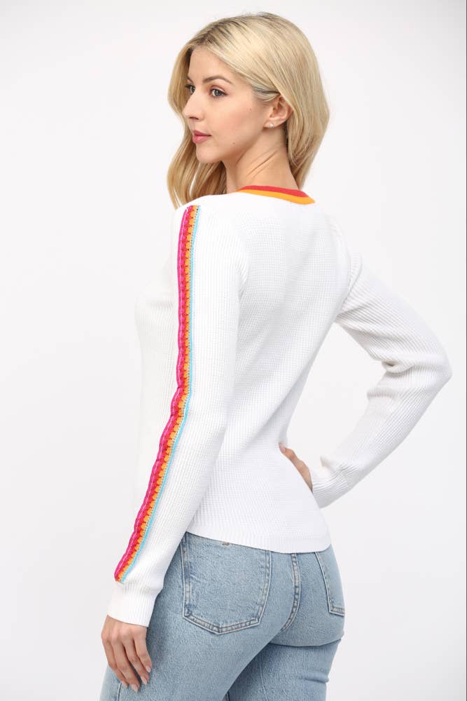 White Waffle Knit Sweater with Crochet Trimmed Detail