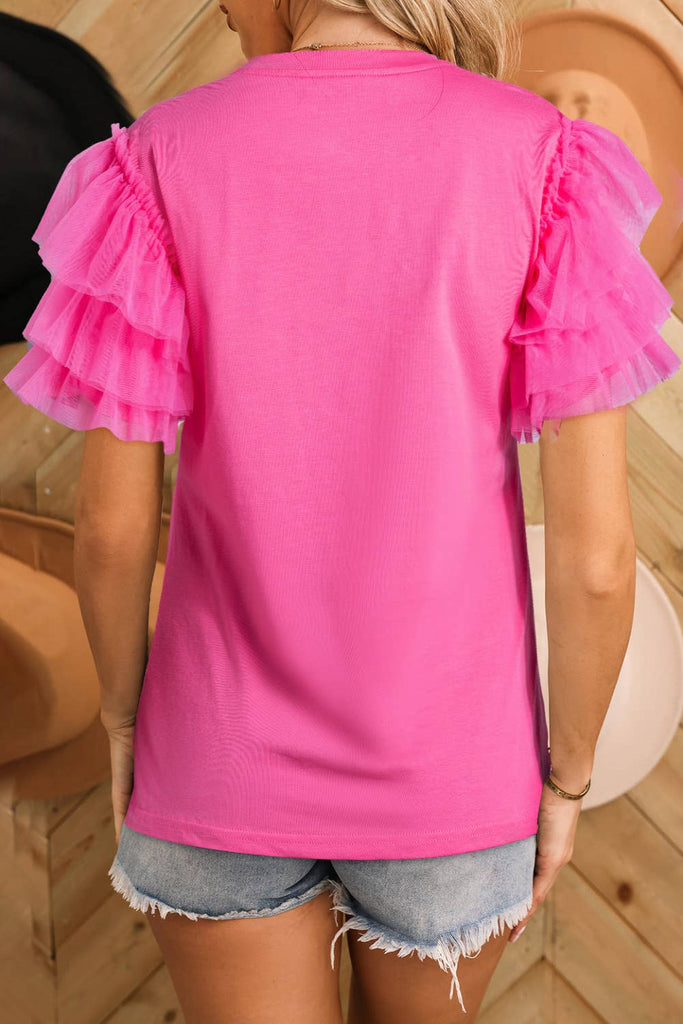 Aapparella Pink Tulle Ruffle Sleeve Top