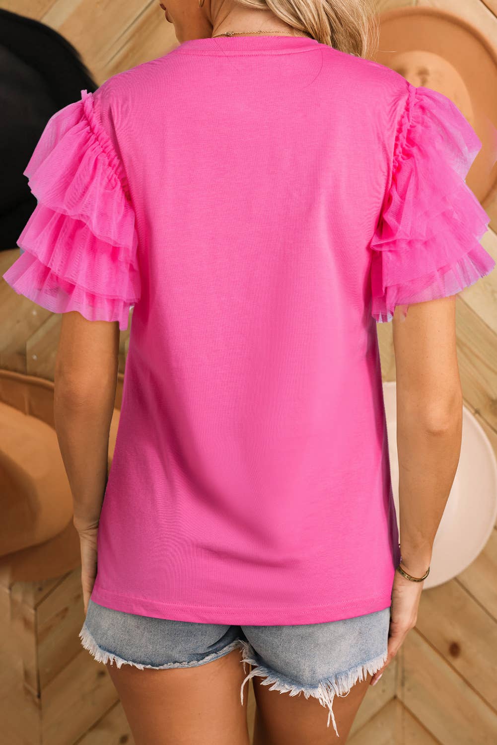 Aapparella Pink Tulle Ruffle Sleeve Top