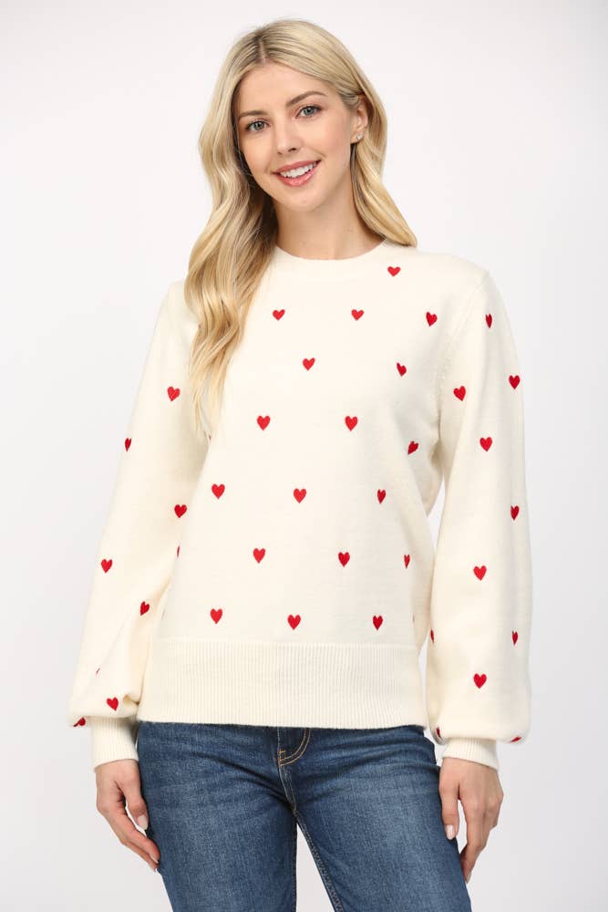 Cream Sweater with Embroidered Red Hearts