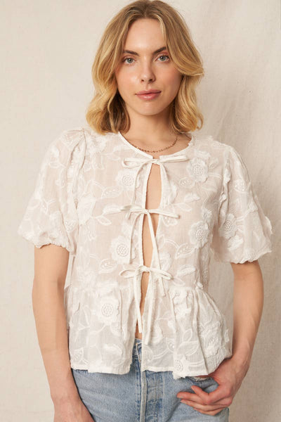 White Puff Sleeve Flower Ribbon Top