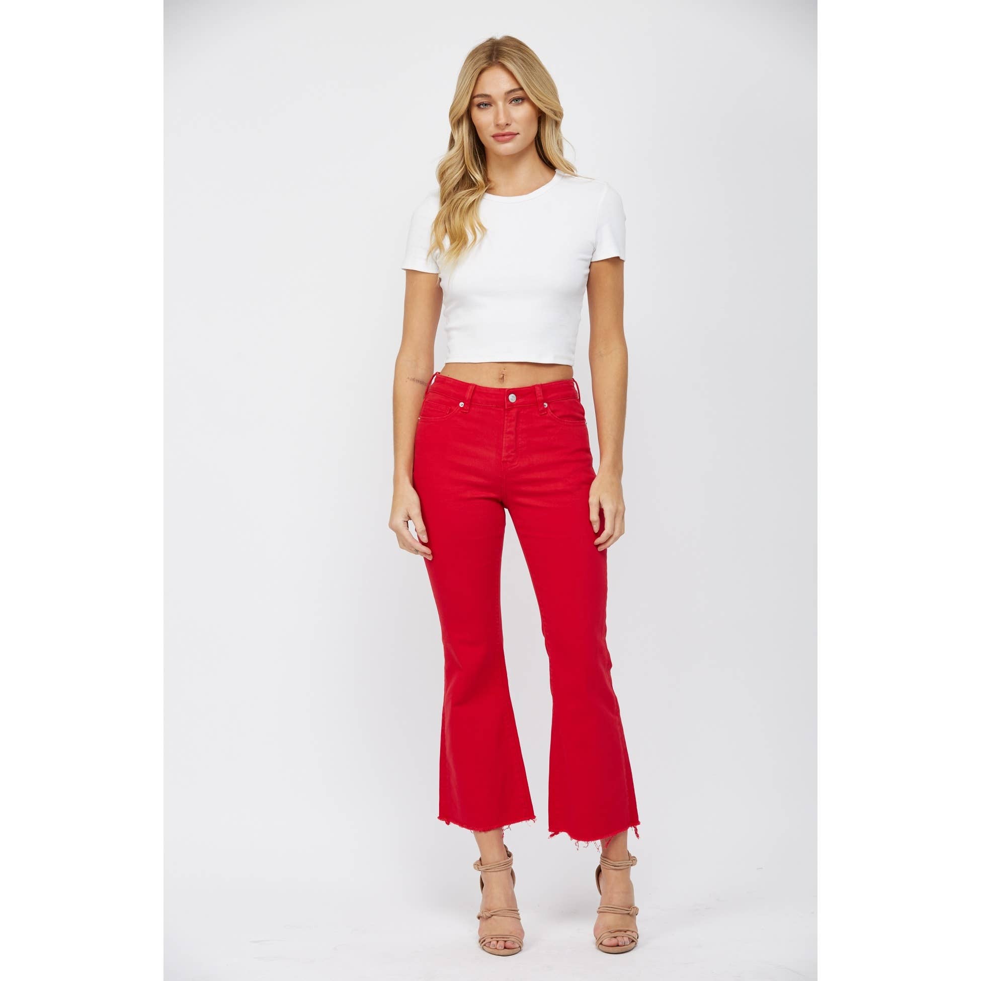 Red High Rise Ankle Flare Jeans