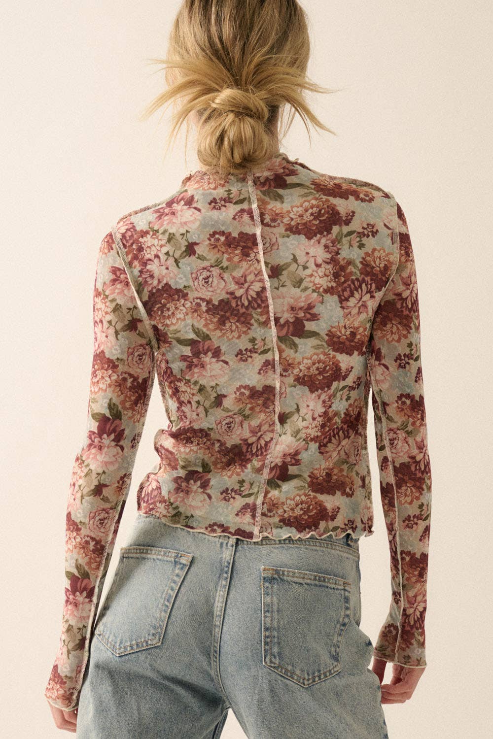 Floral Mesh Exposed-Seam Knit Top