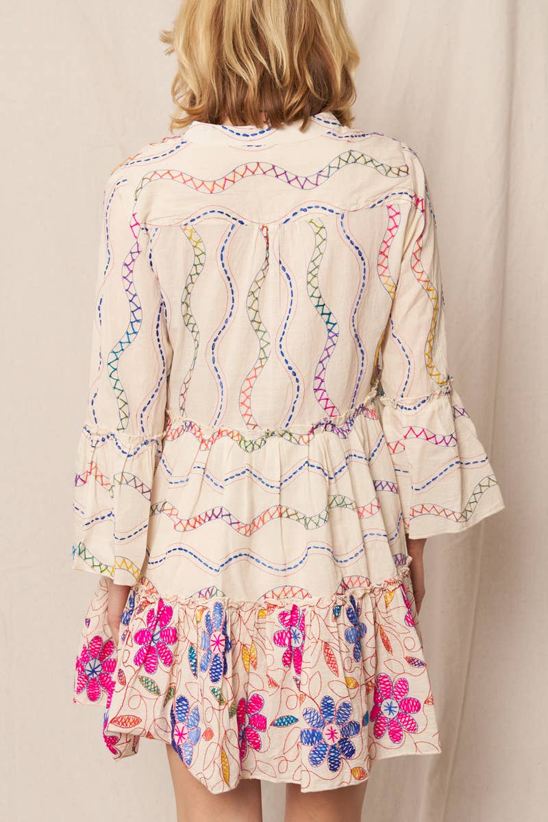 Multicolor Embroidered V-Neck Tiered Mini Dress