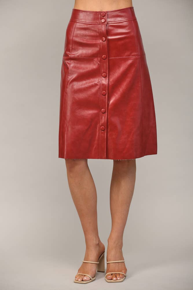 Red Faux Leather Knee Length Skirt