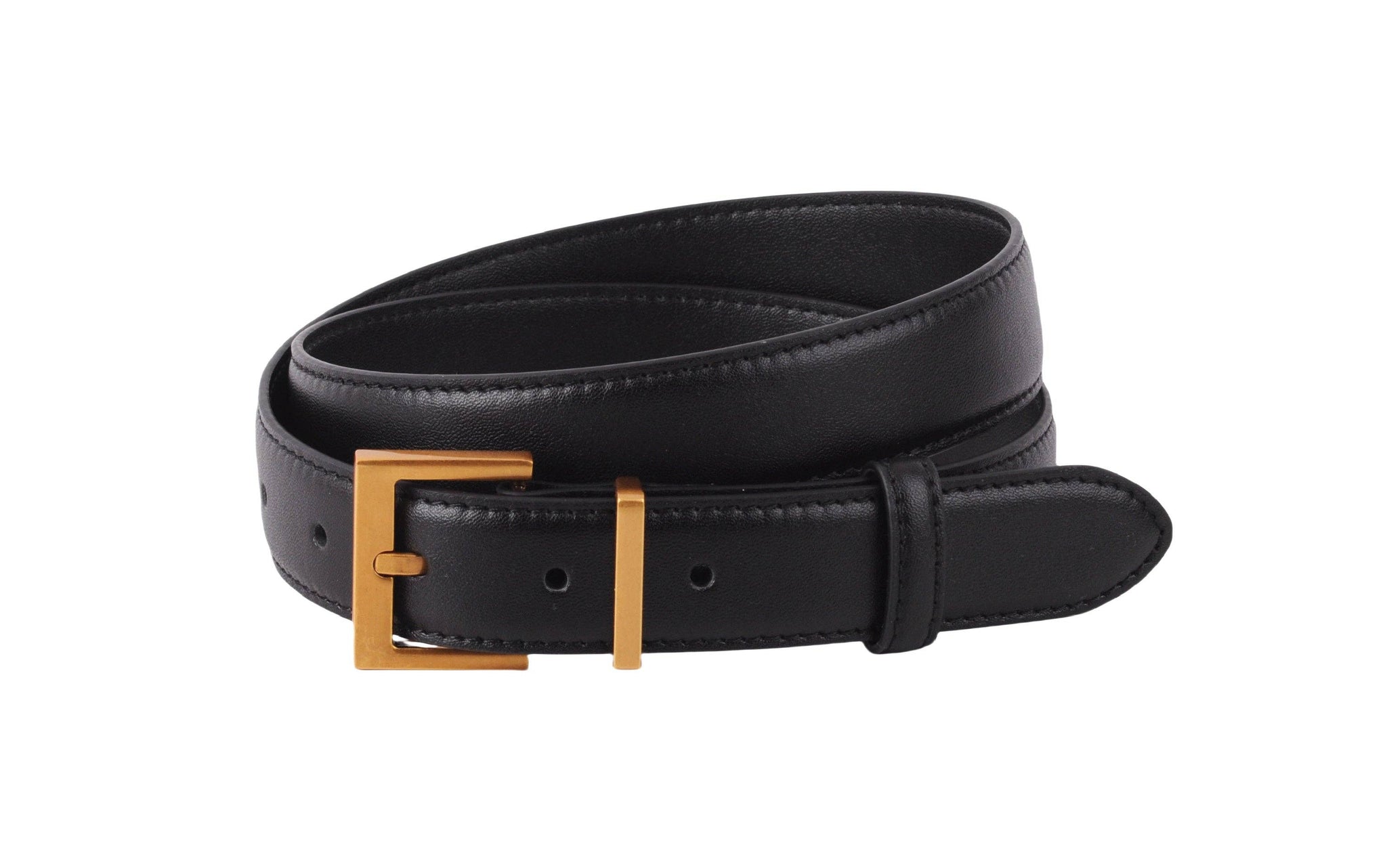 Black Leather Belt with Gold Square Buckle