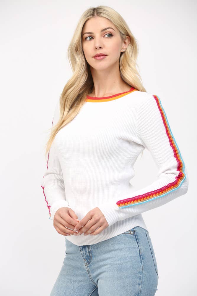 White Waffle Knit Sweater with Crochet Trimmed Detail