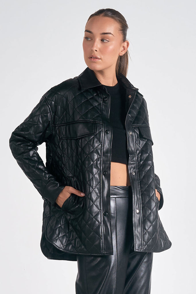 Black Quilted Faux Leather Shacket