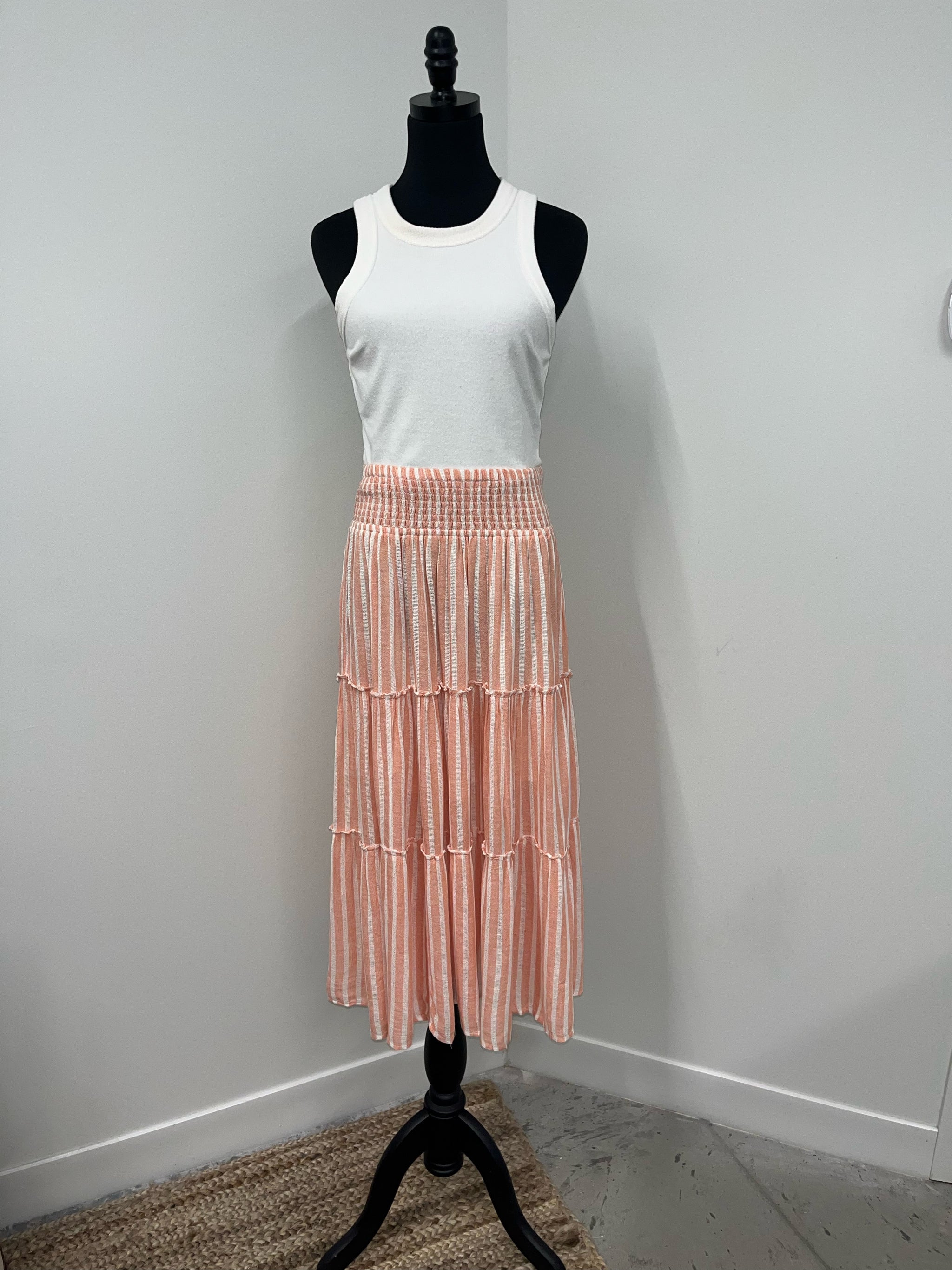 Elan Coral White Stripe Midi Tiered Skirt at Maria Vincent Boutique