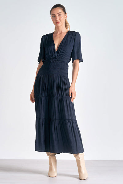 Navy Short Sleeve Smocked Maxi Dress