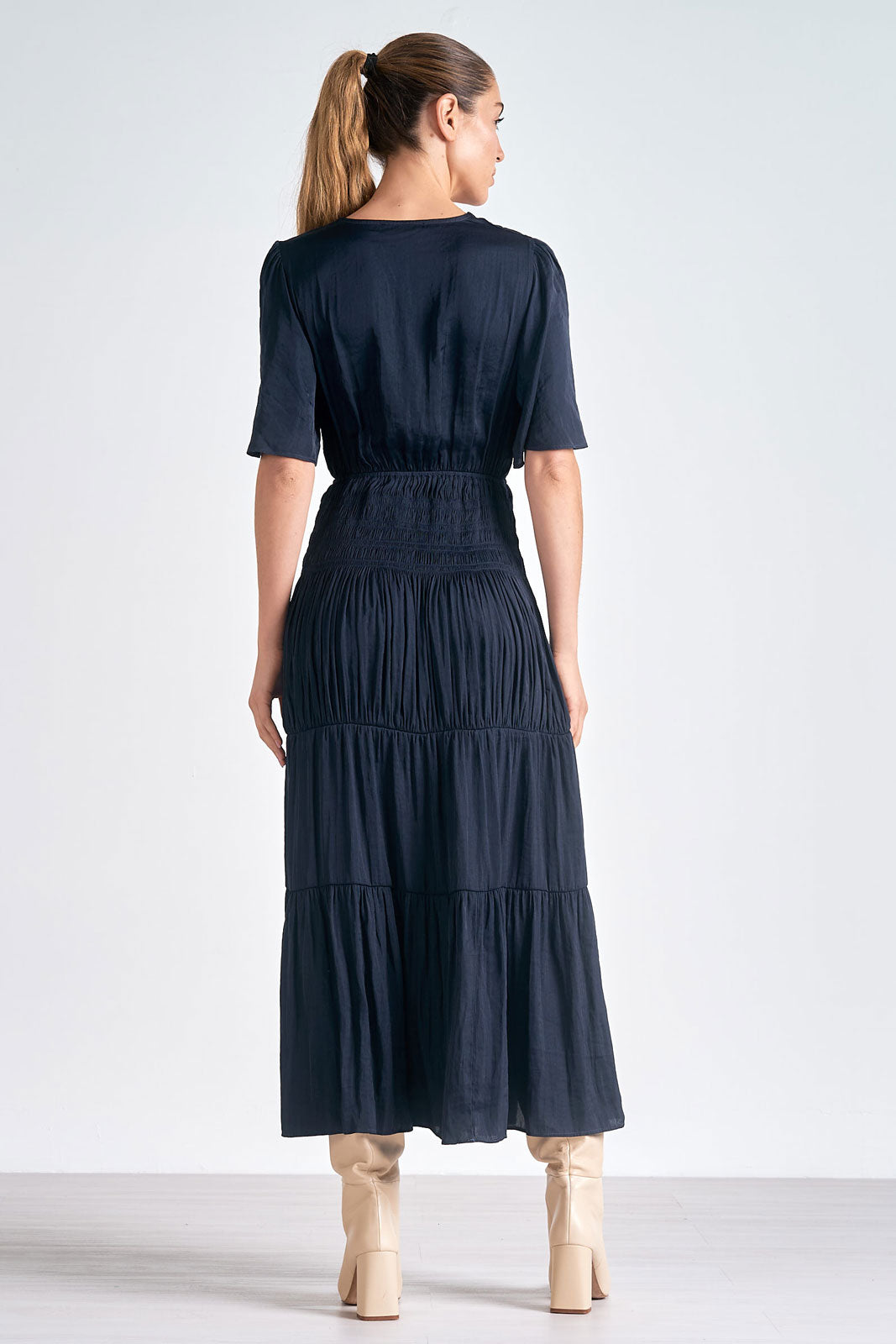 Navy Short Sleeve Smocked Maxi Dress