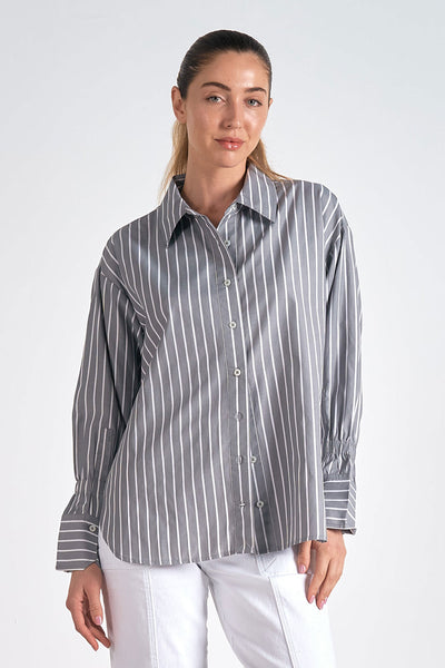 Grey White Stripe Long Sleeve Button Down Top