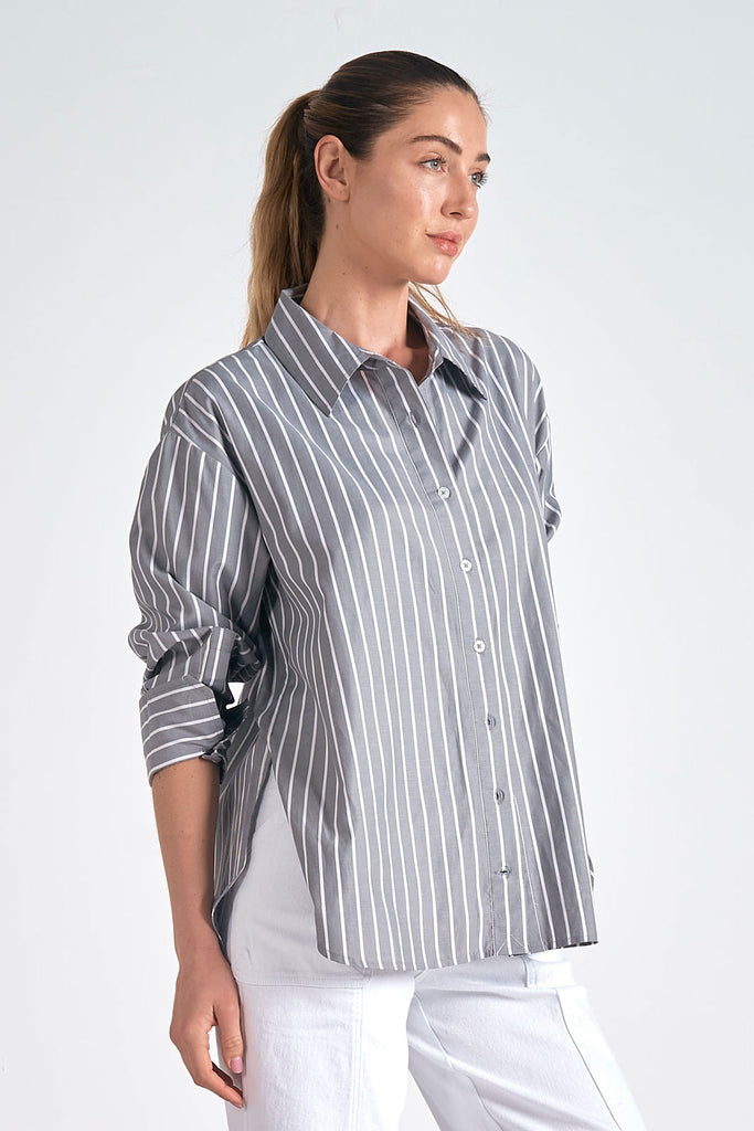 Grey White Stripe Long Sleeve Button Down Top