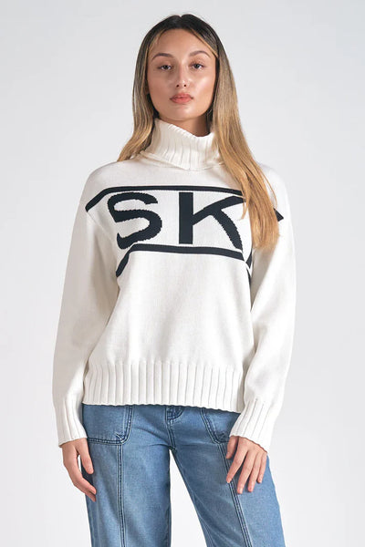 White with Black SKI Turtleneck Sweater