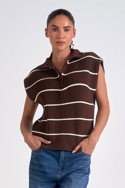 Brown Ivory Quarter Zip Cap Sleeve Sweater