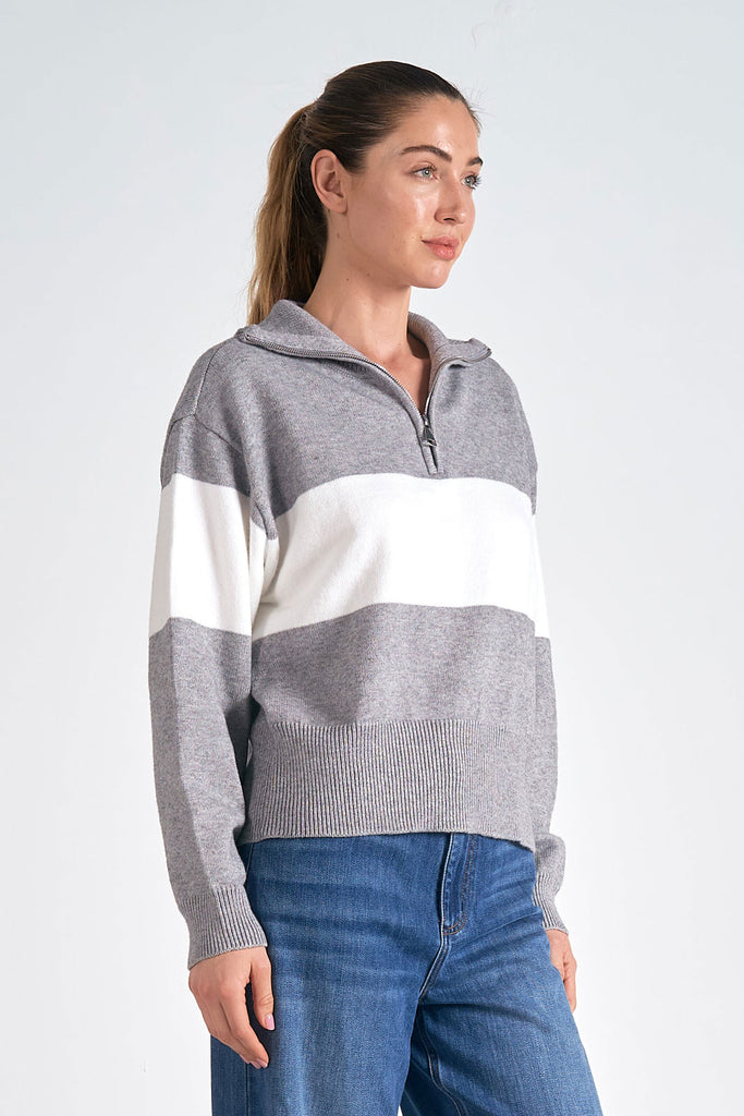 Grey White Stripe Quarter Zip Sweater