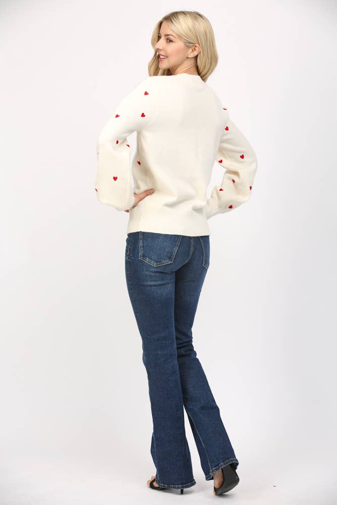 Cream Sweater with Embroidered Red Hearts