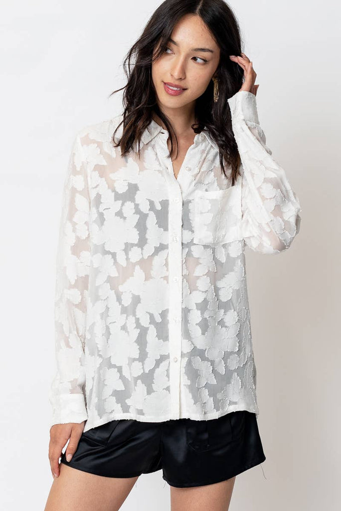 Long Sleeve Burnout Button Down Blouse