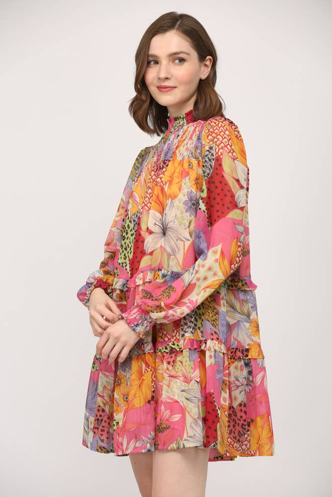 Mixed Floral Chiffon Smocked Yoke High Neck Dress