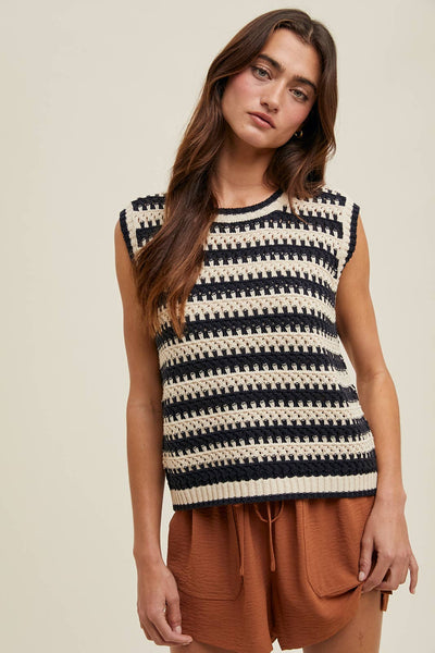 Black and Tan Striped Crochet Sleeveless Sweater