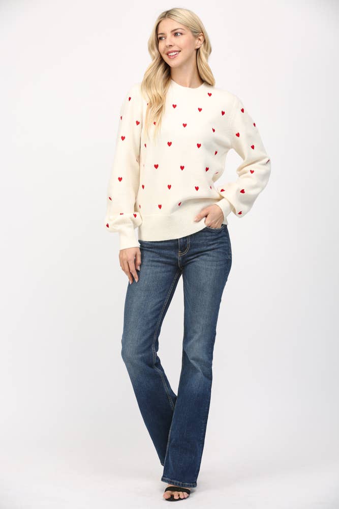 Cream Sweater with Embroidered Red Hearts