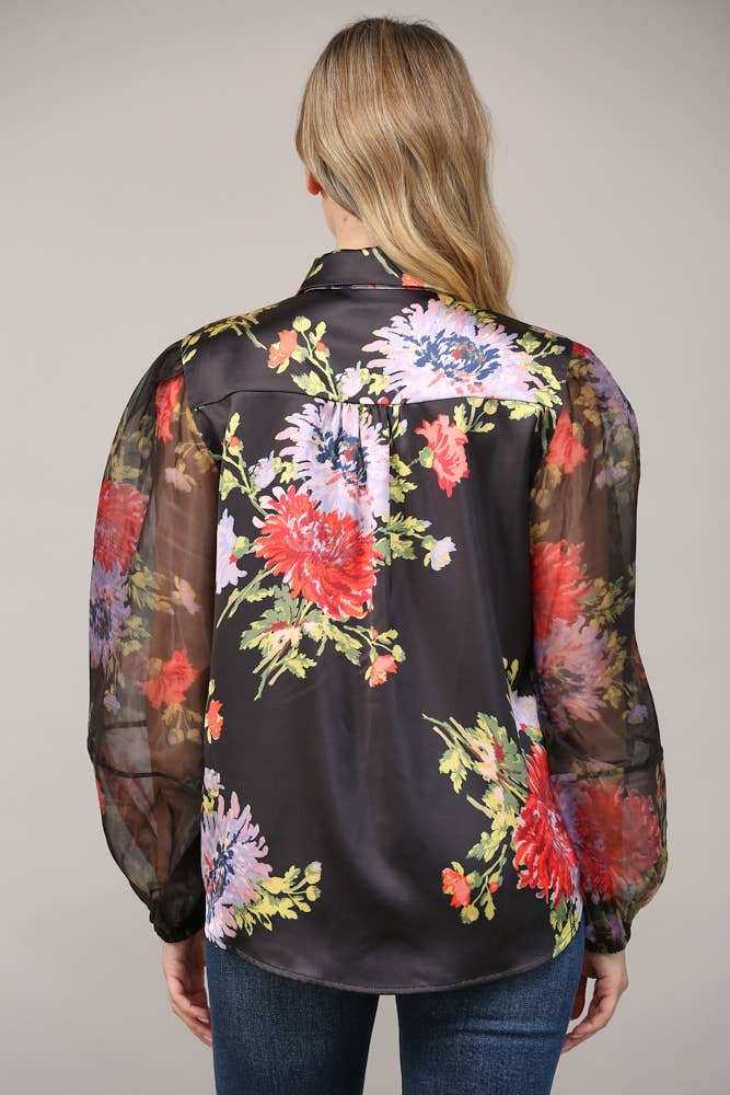 Black Floral Satin Organza Sleeve Blouse