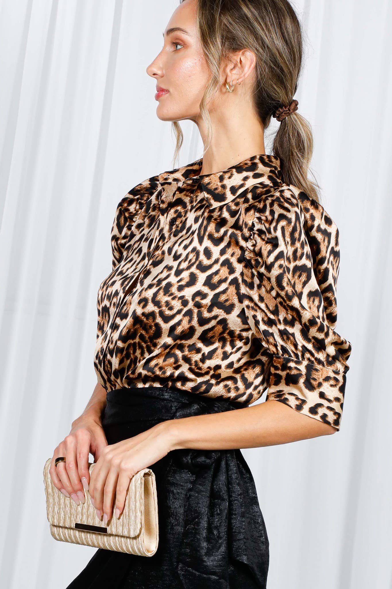 Leopard Print Collared Puff Sleeve Satin Blouse