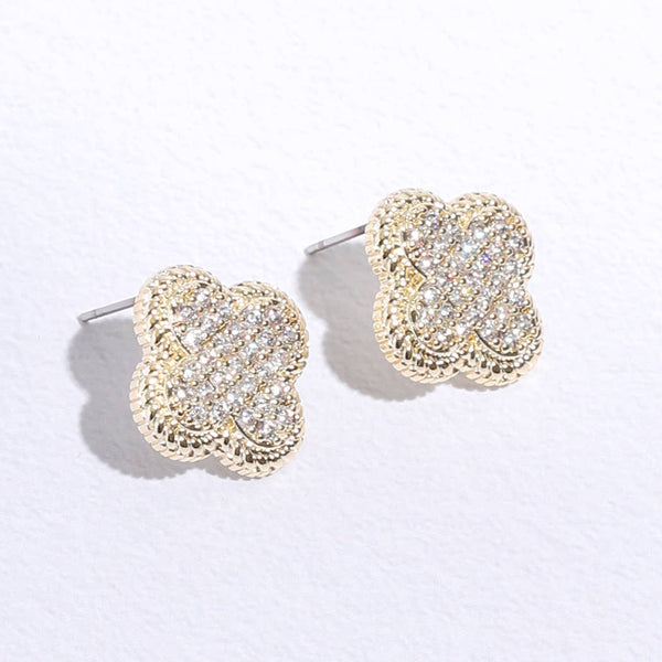 Gold Plated CZ Clover Two-Tone Post Earrings