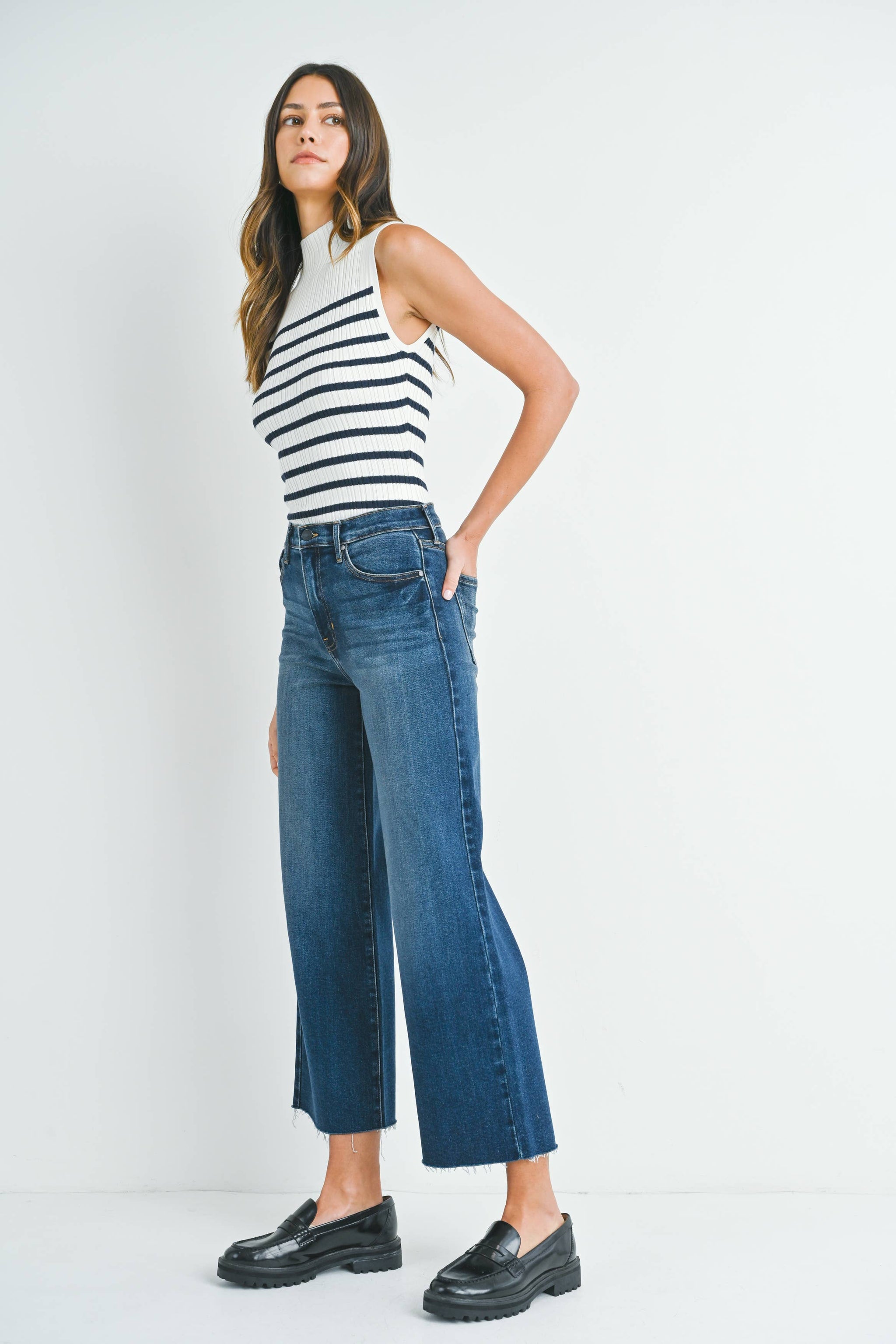 Dark Denim Scissor Cut Wide Leg Ankle Jeans