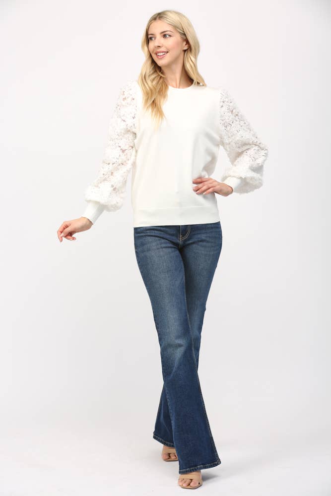 Cream Floral Lace Sleeve Crew Neck Sweater