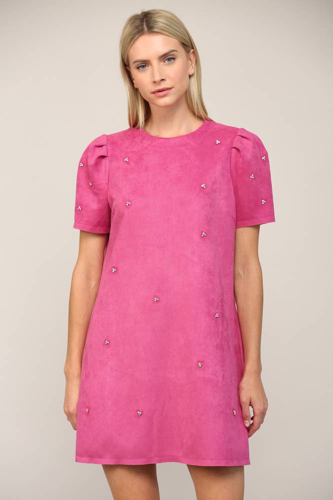 Bubblegum Pink Jewel Embellished Puff Sleeve Shift Dress