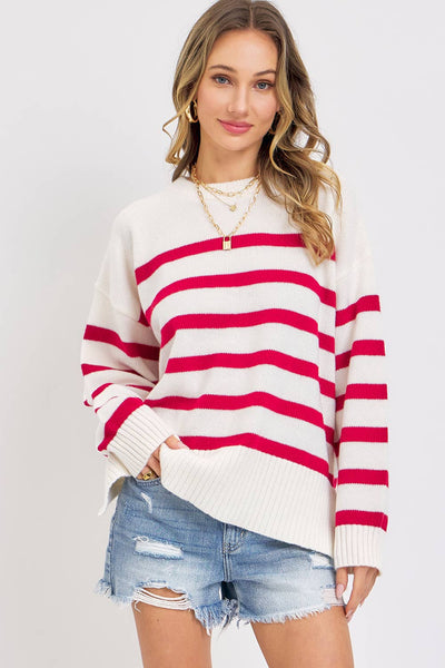 Red/Ivory Striped Pullover Oversized Sweater