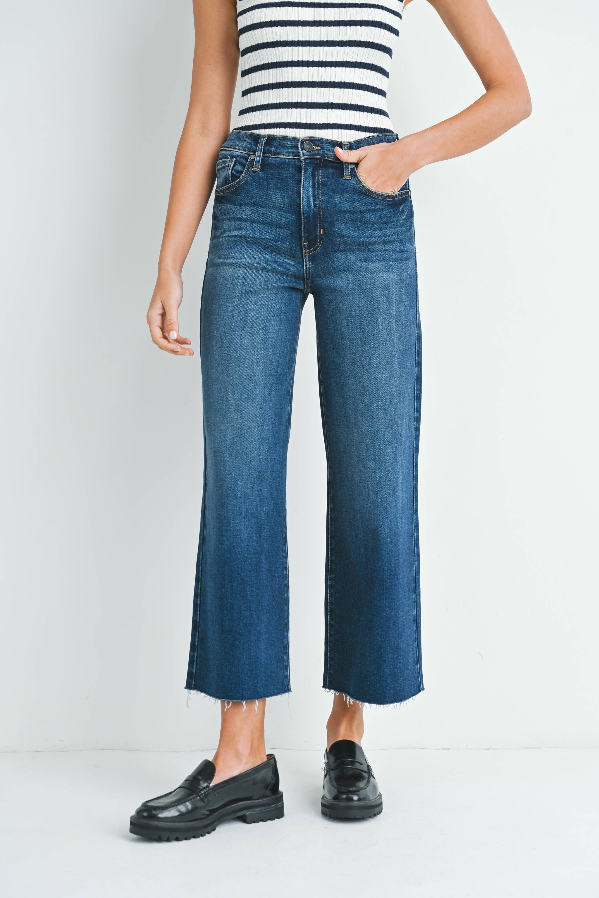 Dark Denim Scissor Cut Wide Leg Ankle Jeans