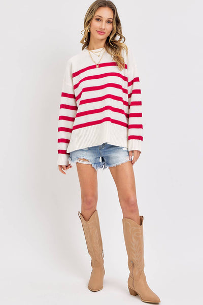 Red/Ivory Striped Pullover Oversized Sweater