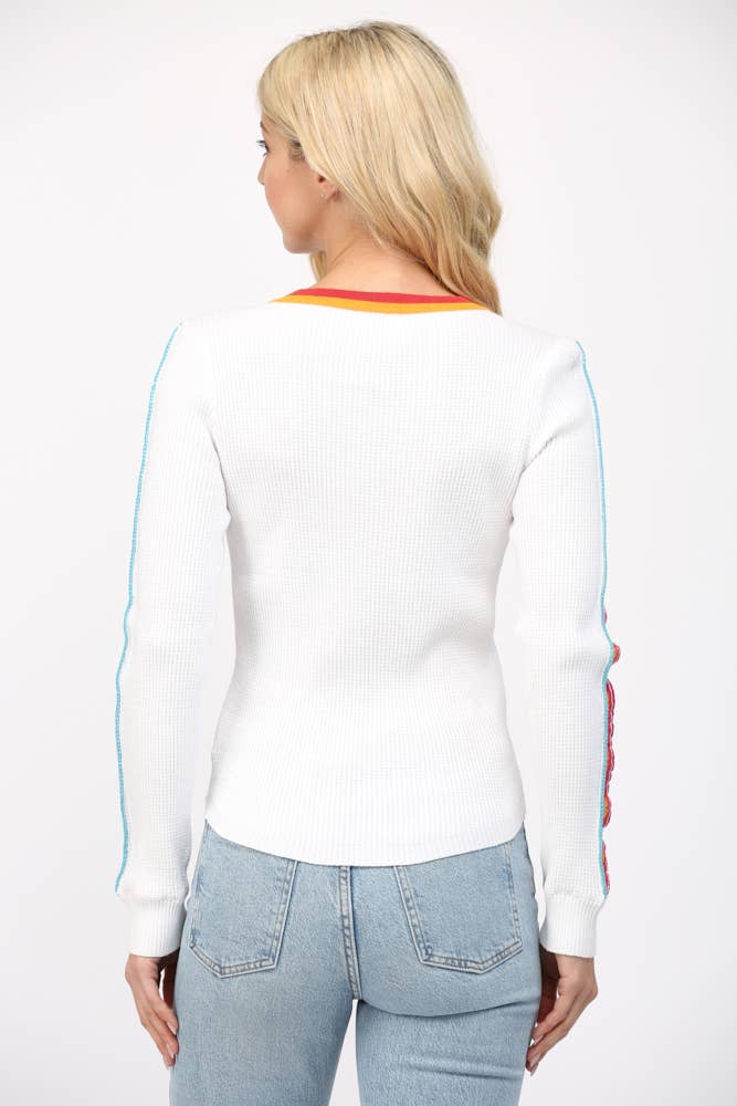 White Waffle Knit Sweater with Crochet Trimmed Detail