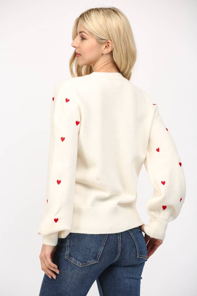 Cream Sweater with Embroidered Red Hearts