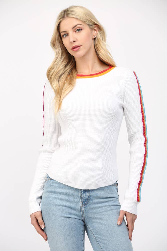 White Waffle Knit Sweater with Crochet Trimmed Detail