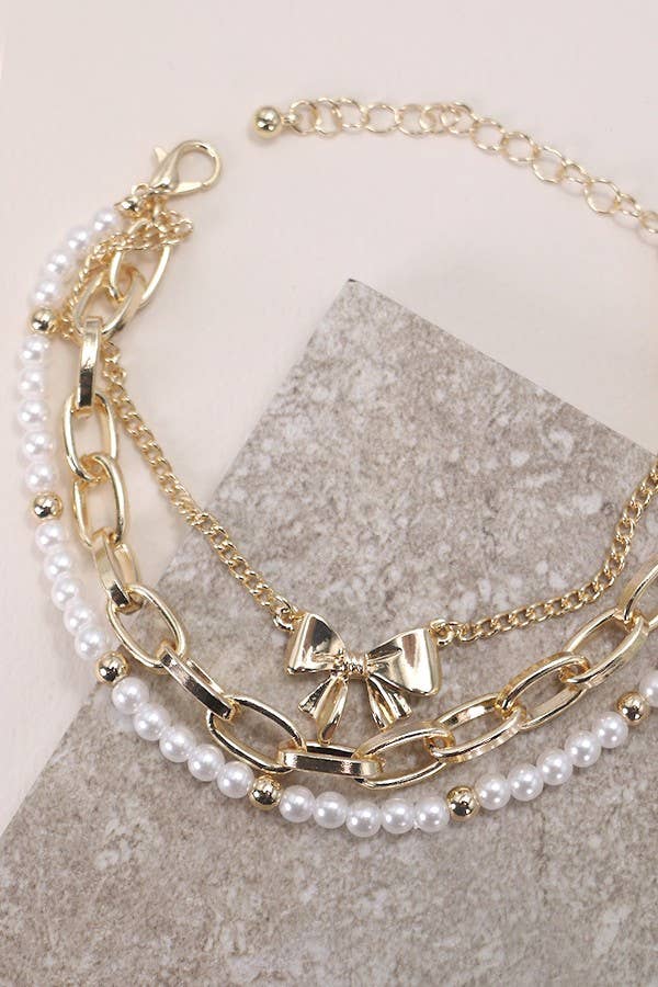 Bow Pearl Link Trio Bracelet Set