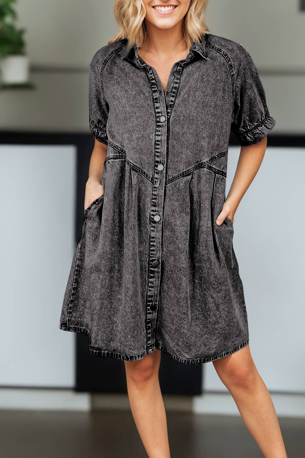 Women Mineral Wash Ruffled Buttoned Denim Dress