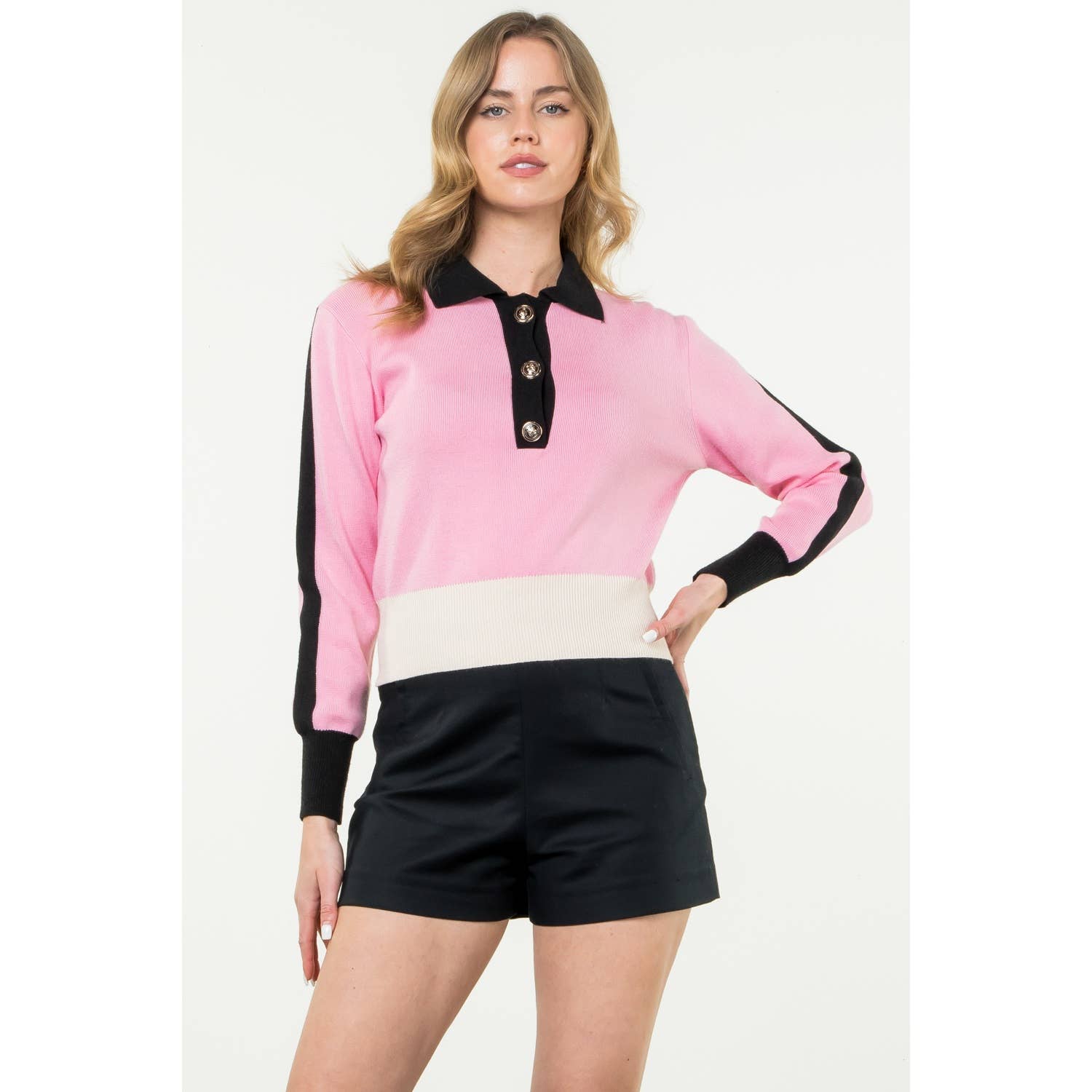 Black/Pink Collared Colorblock Sweater