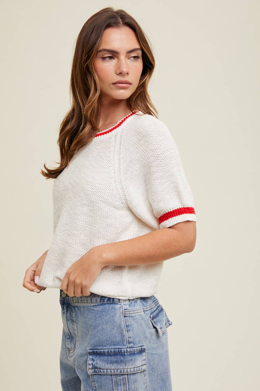 White with Red Short Sleeve Varsity Sweater