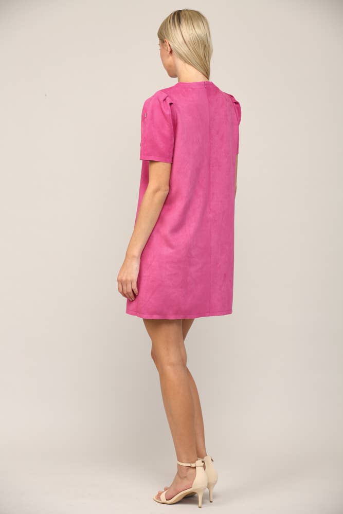 Bubblegum Pink Jewel Embellished Puff Sleeve Shift Dress