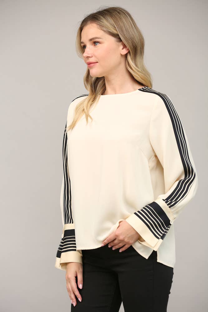 Ivory Black Contrast Stripe Detail Blouse