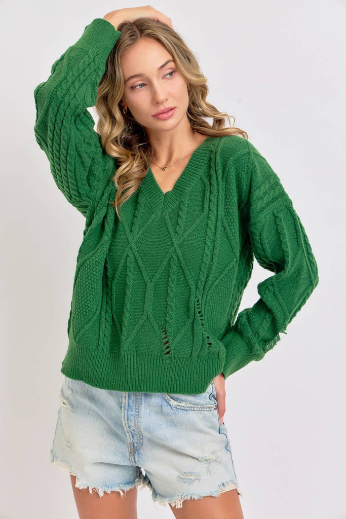 Cable Knit Destressed V-Neck Sweater