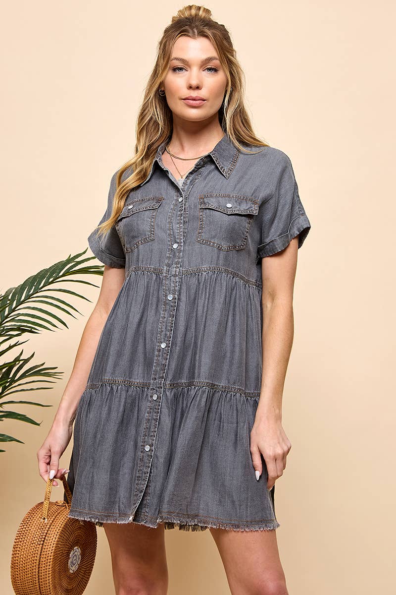 Chambray Tiered Button Down Mini Dress