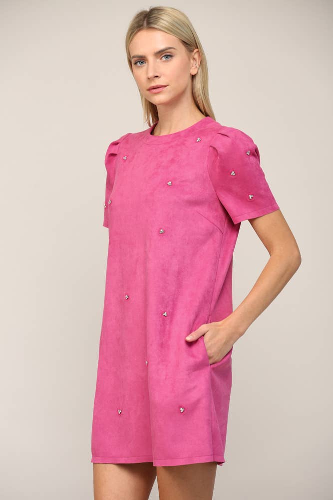 Bubblegum Pink Jewel Embellished Puff Sleeve Shift Dress