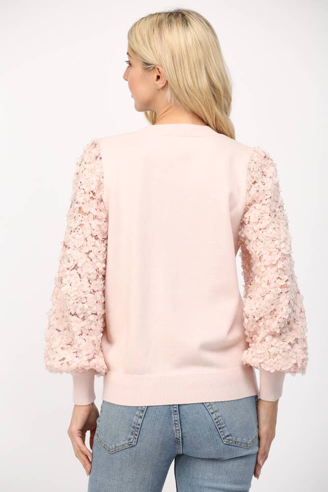 Cream Floral Lace Sleeve Crew Neck Sweater